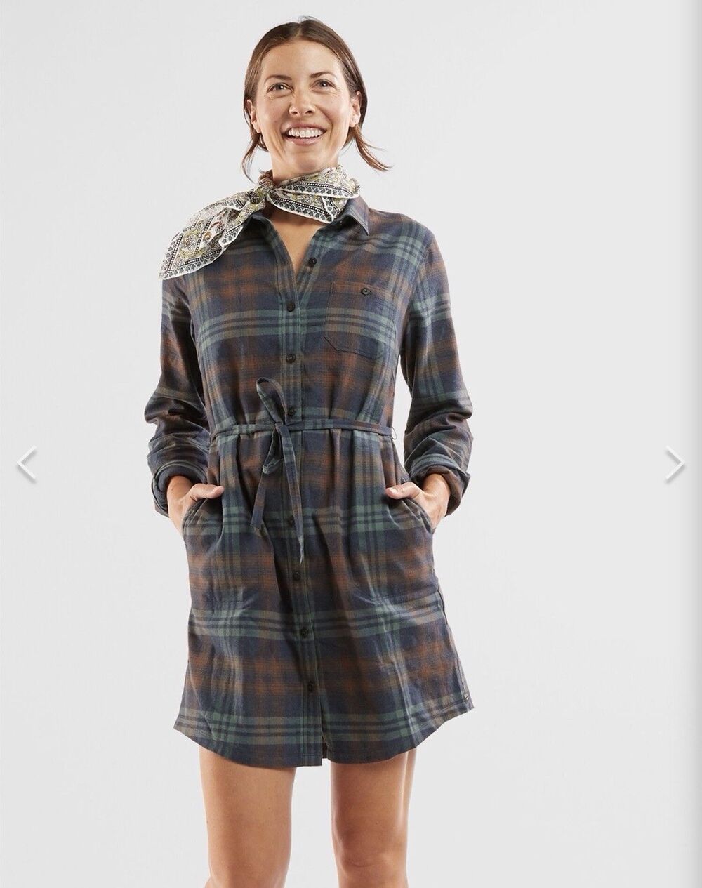 Toad&CO Re-Form Flannel Shirtdress Navy Blue Plaid Button Front Sz Med Casual
